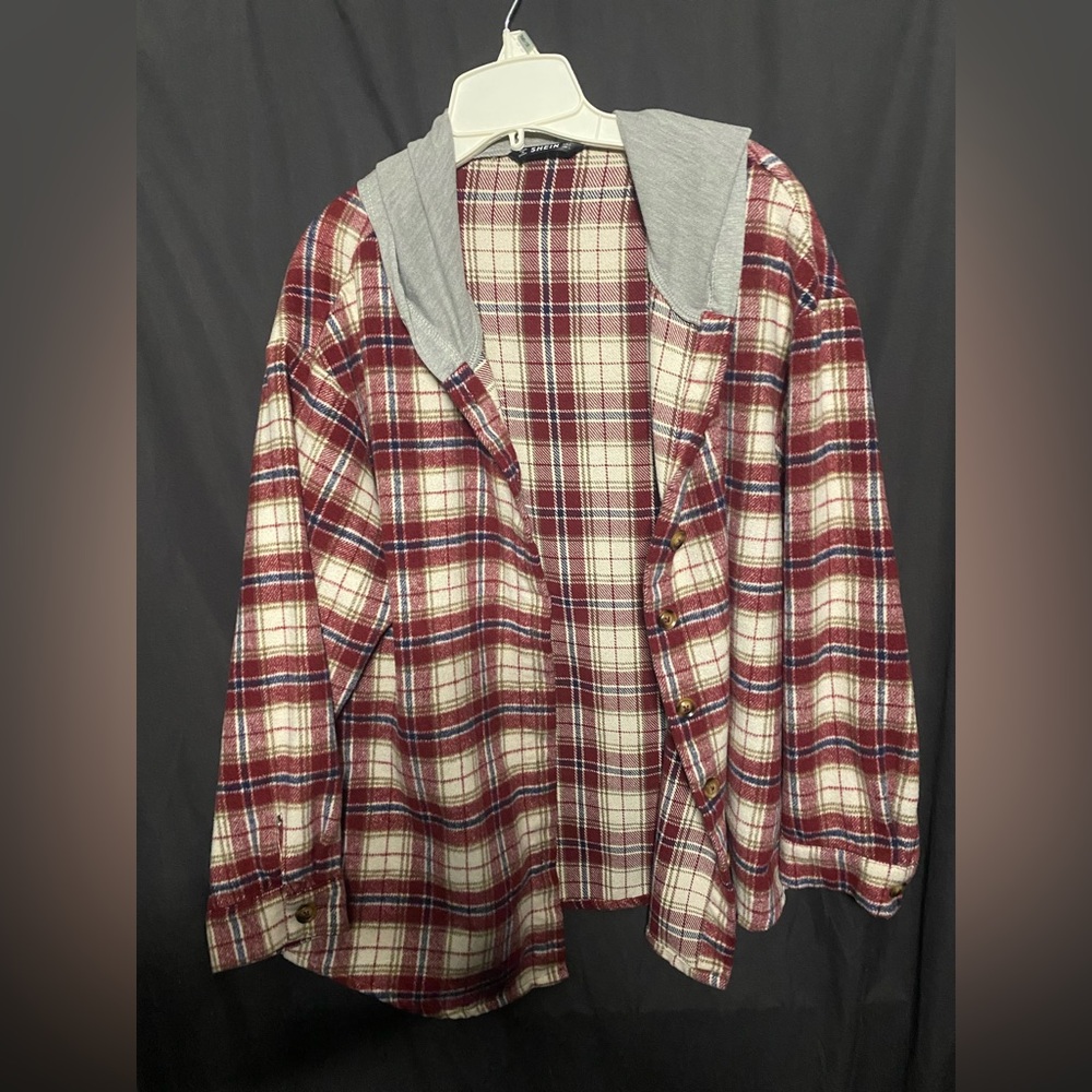 Contrast Drawstring Hooded Button Placket Tartan Coat
